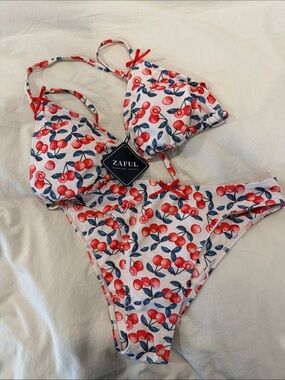 Zaful Red Cherry Print Bikini - White Base
